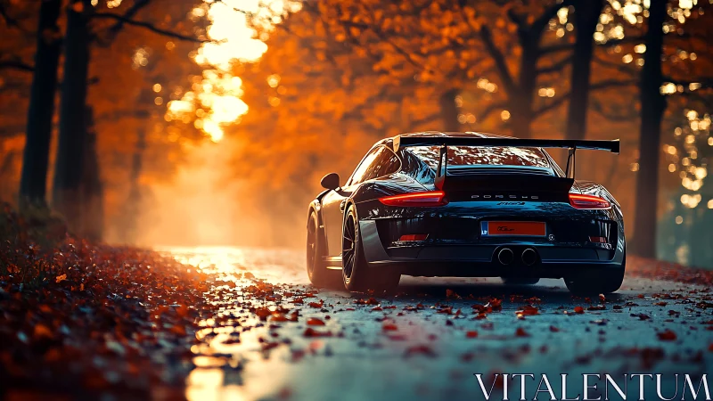 Sport coupe glides through misty forest road in autumn light.