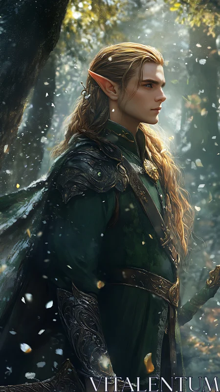 Elf warrior in ornate green armor standing in forest light.