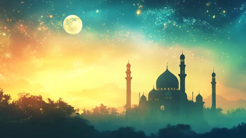 Silhouette of domed mosque under moonlit, starry sky.