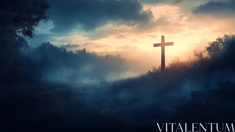 Atmospheric hillside cross in volumetric dawn backlighting.