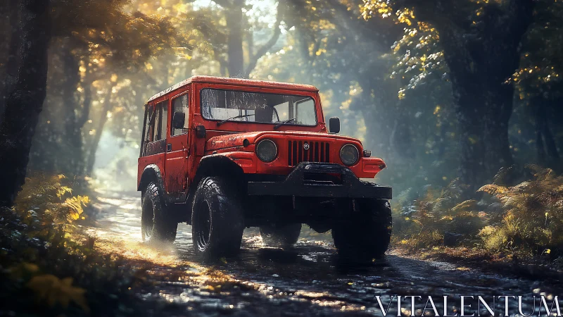 Red off-road jeep crosses wet forest trail at sunrise