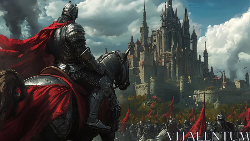 Armored knight leads siege lines toward gothic citadel.