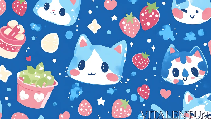 Whimsical Feline and Strawberry Motifs in Chromatic Blue Field.