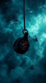 Crimson Sphere Suspended in Turquoise Nebula.