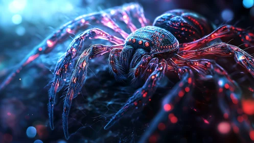 Cybernetic arachnid macro in neon bioluminescent chassis.