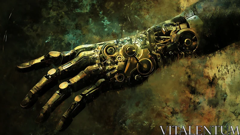 Mechanical cybernetic arm extends through decayed textures.