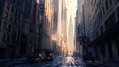 Dawn-lit city canyon where taxis chase rising golden mist.