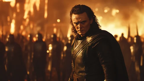 Armored figure stands before burning battlefield and soldiers