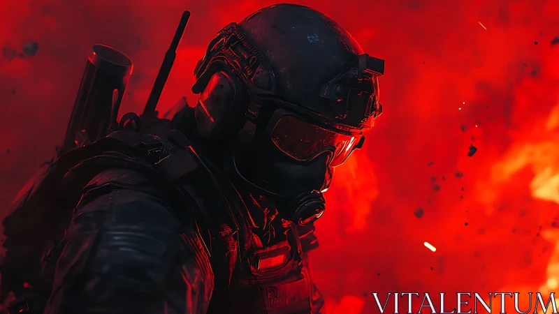 Tactical soldier in full gear against intense red explosion.