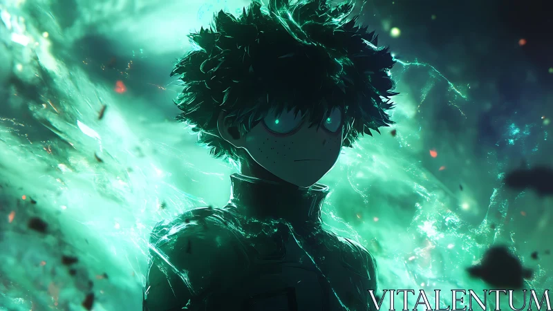 Anime boy stands in glowing green energy storm field