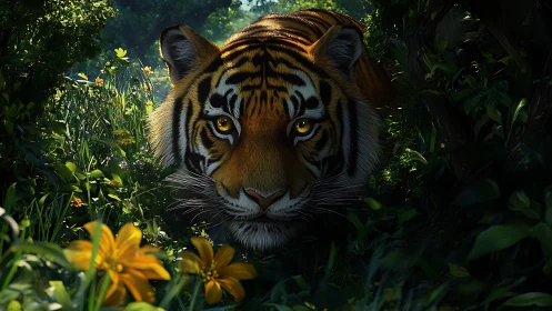 Stalking tiger with luminous eyes in sunlit jungle understory.