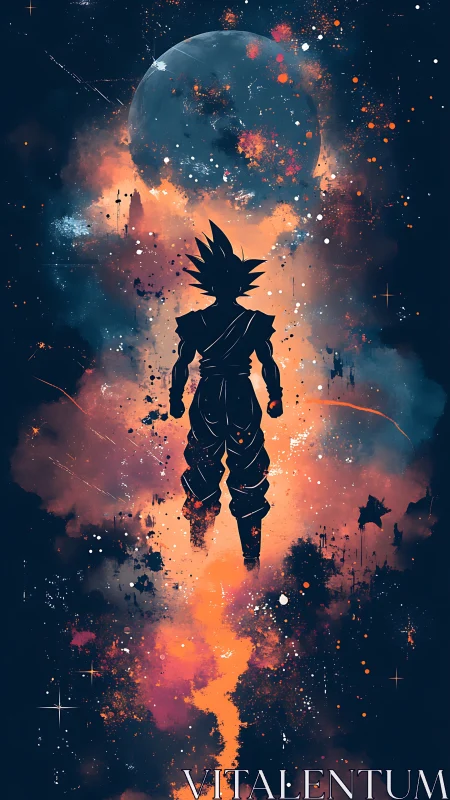 Saiyan silhouette ascends through cosmic nebula glow.