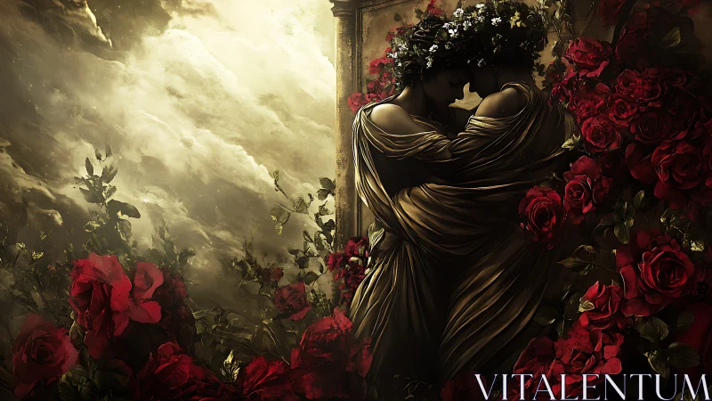 Two robed figures embrace amid dense red rose foliage