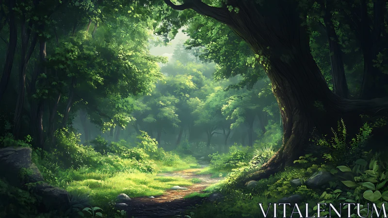 Dense forest path with towering trees and filtered sunlight