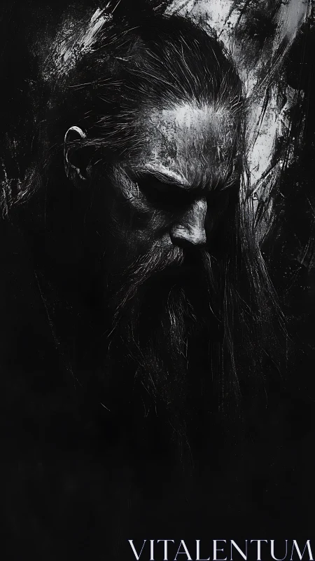 Brooding warrior’s shadowed face emerges from rough darkness