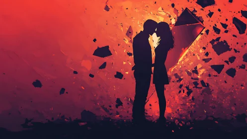 Silhouetted Figures Kissing Against Explosive Radiant Energy Field.