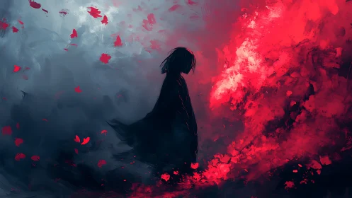 Solitary silhouette drifting between smoke and scarlet fire.