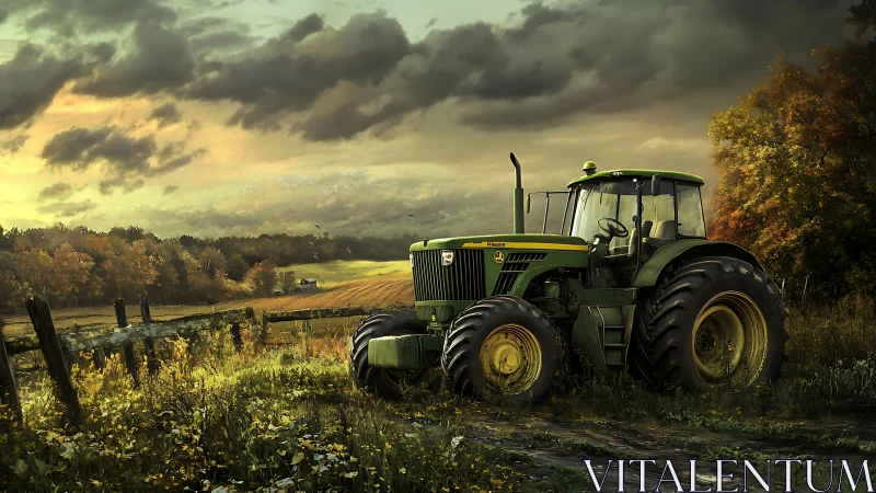 Sturdy green tractor resting quietly in golden farmland light.