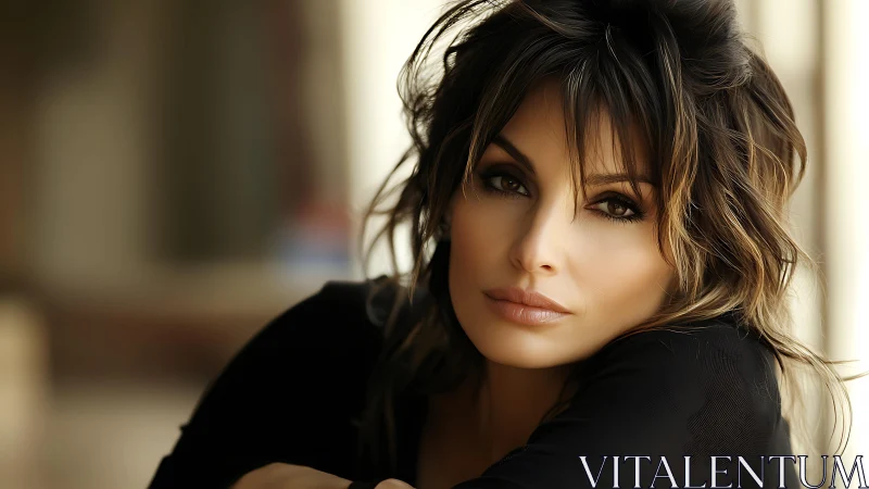 Neutral close-up portrait of woman with layered wavy hair.