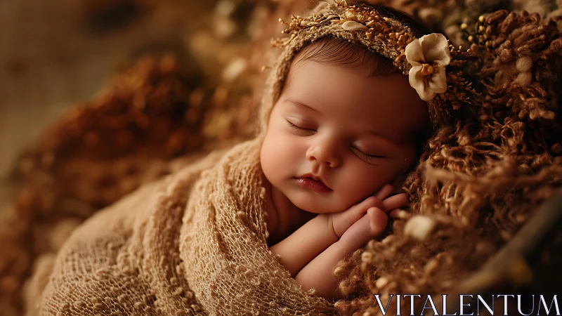 Sleeping newborn wrapped in knit textiles with delicate flower crown