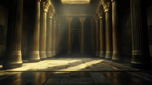Sunlit ancient hall with gilded Corinthian columns interior.