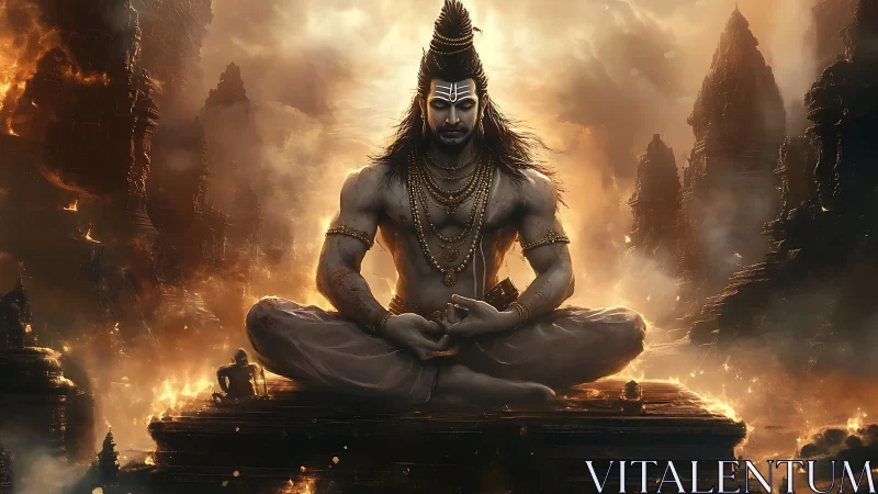 Divine warrior meditates amid blazing ancient temples.