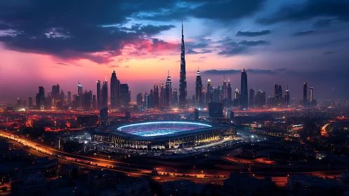 Modern illuminated stadium under futuristic city skyline.