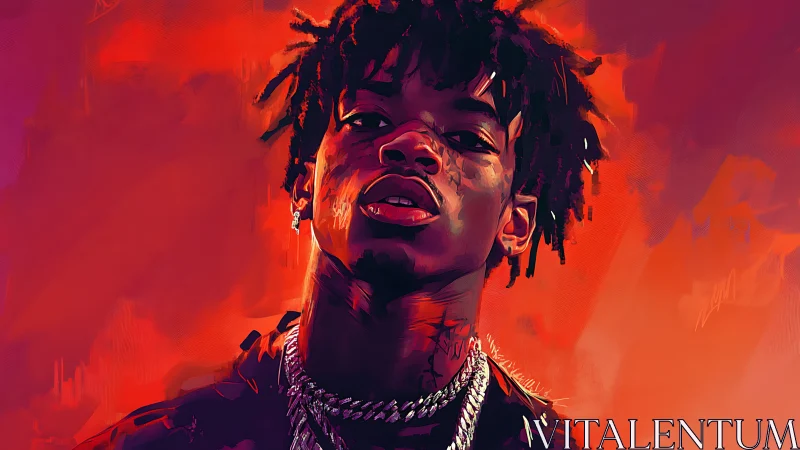 Chromatic rap portrait under high-intensity vermilion field.