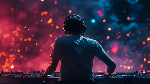 DJ at mixing console under colored lights and haze.