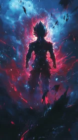 Cosmic warrior ignites in crimson stormlight ascension.