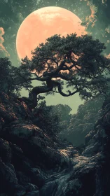 Moonlit forest tree stretches gently toward the glowing sky