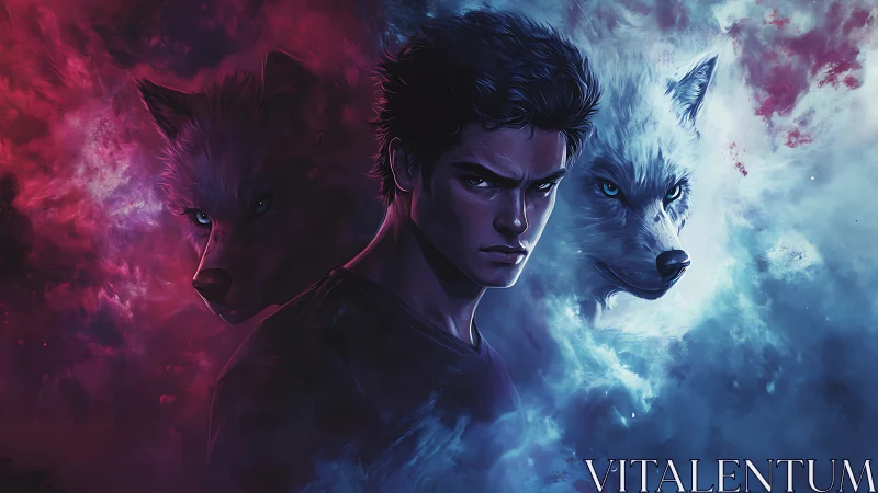 Dual wolf spirits frame a brooding hero amid swirling nebulae.