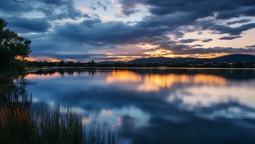 Serene lacustrine sunset captures symmetrical cloud reflection