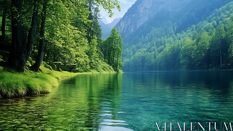 Photorealistic alpine lake with verdant forest shoreline framing.