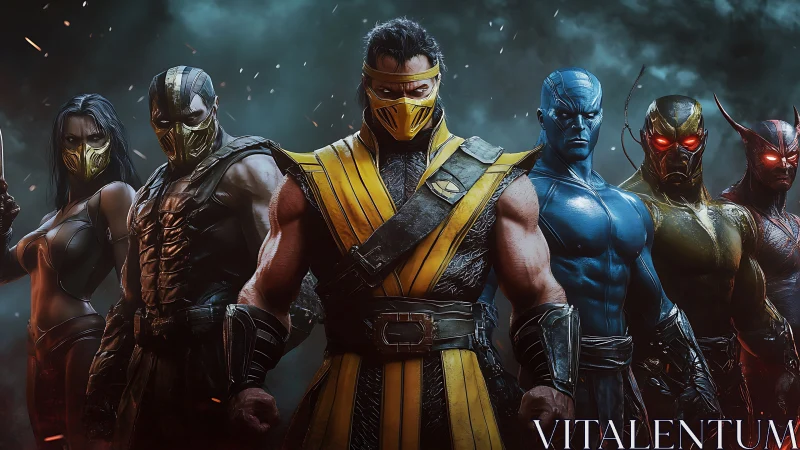 Masked elemental warriors assemble in stormlit battle line.