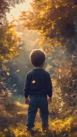 Child stands on sunlit forest path under drifting leaves