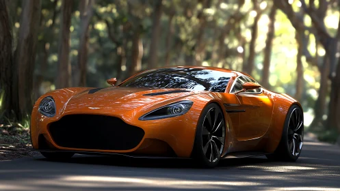 Orange supercar glows under dappled forest sunlight.
