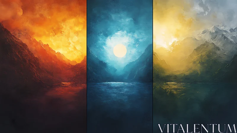 Triptych of chromatic mountain lakes under atmospheric gradients.