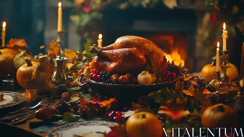 Roast turkey centerpiece on candlelit autumn harvest table.