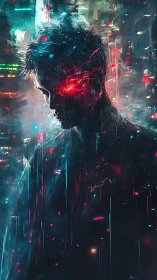 Cybernetic man with glowing red eye in neon haze.