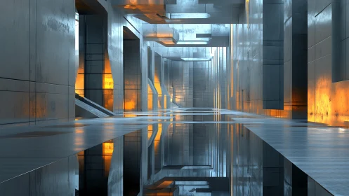 Modern Architecture Corridor with Reflective Floor and Golden Light.