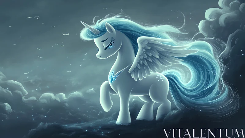 Gentle winged unicorn wandering softly through moonlit clouds.