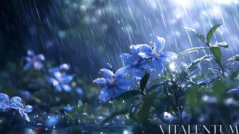 Blue Flowers Dancing in the Rain with Gentle Grace