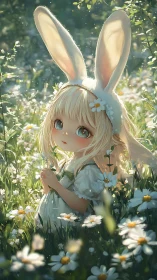 Sunlit bunny-eared dreamer listens softly to meadow secrets
