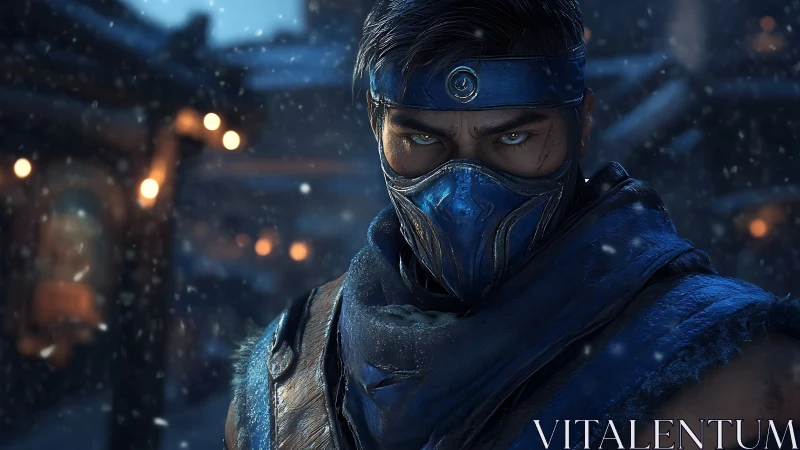 Frostbound masked warrior glaring through the midnight snowfall.