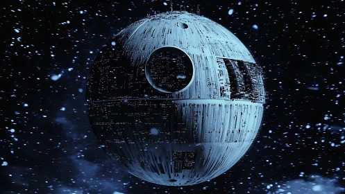 Futuristic battle station sphere drifts through starry void.