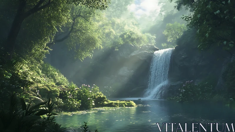 Lush jungle waterfall catching soft morning sunbeams.