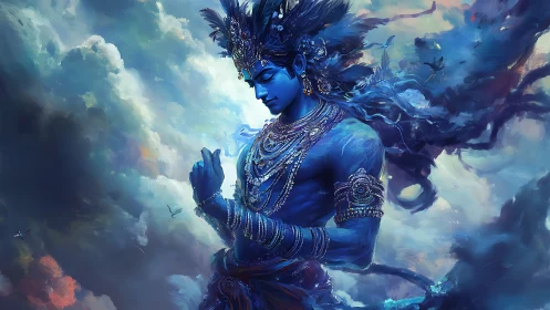 Blue celestial deity emerges from swirling iridescent clouds