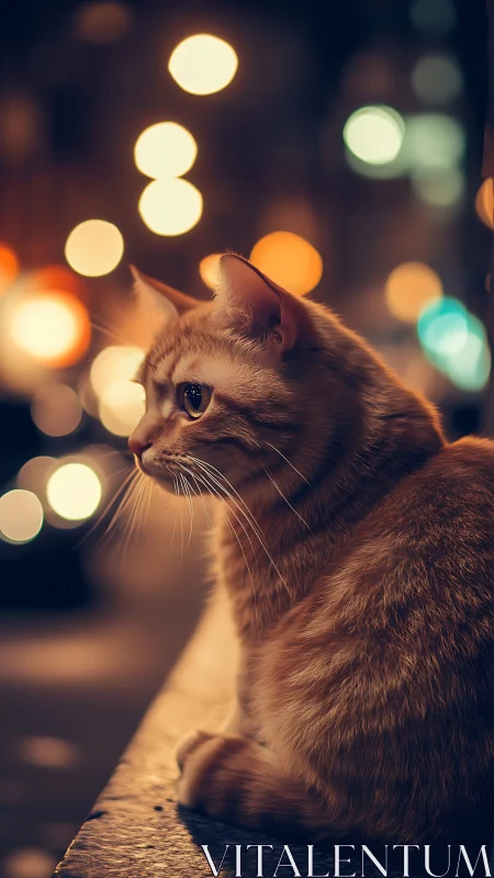 Cat gazing through golden city lights bokeh.