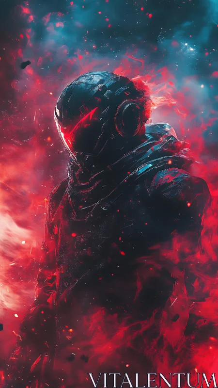Luminous Space Warrior Wrapped In Neon Red Cosmic Fire.